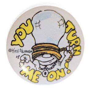 Vintage Kirk Alexander 2.25" Pink Badge Funny 1980s Sketch Retro Artwork